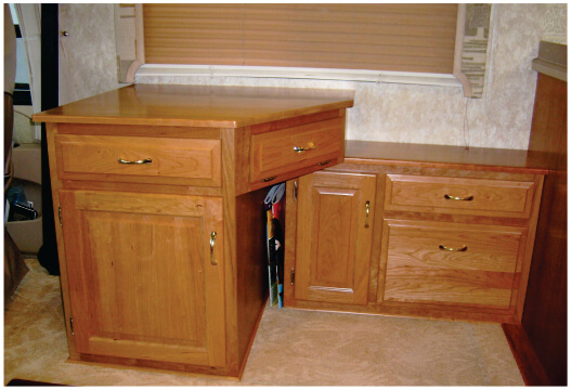 cherry-angled-rv-desk Angled RV desk with spot for atlas