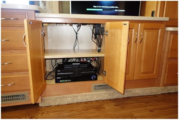 storage-televator-rv-cabinet Storage displayed for the televator RV cabinet